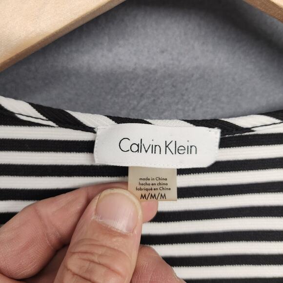 Calvin Klein Top Womens Medium Black White Striped Ruffle Sleeve Office Preppy - Picture 3 of 12